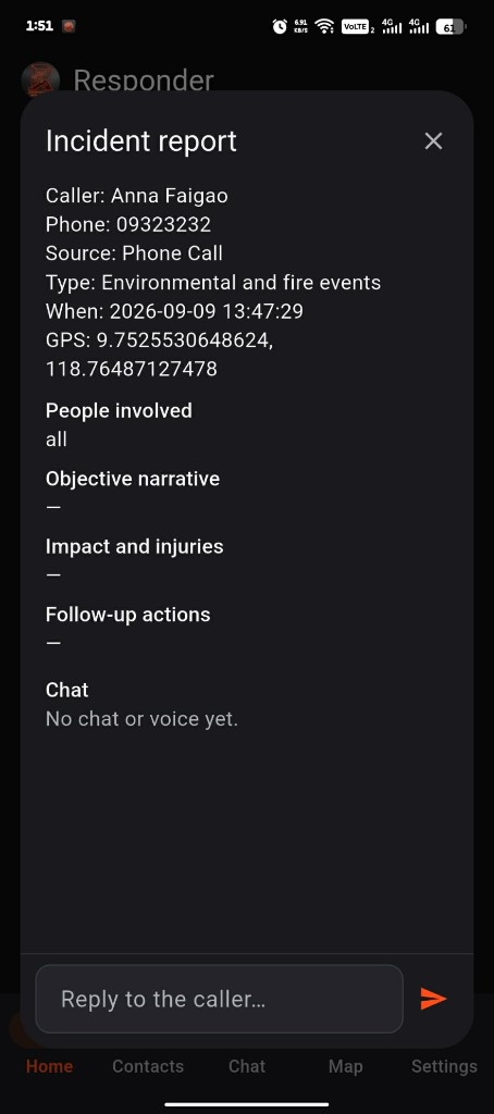 Incident report with caller details and chat reply